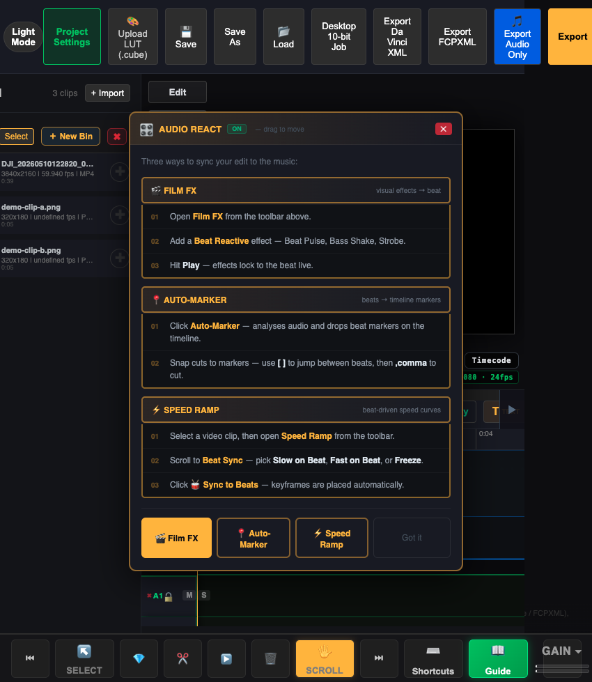 Audio React guide panel showing Film FX, Auto-Marker, and Speed Ramp
