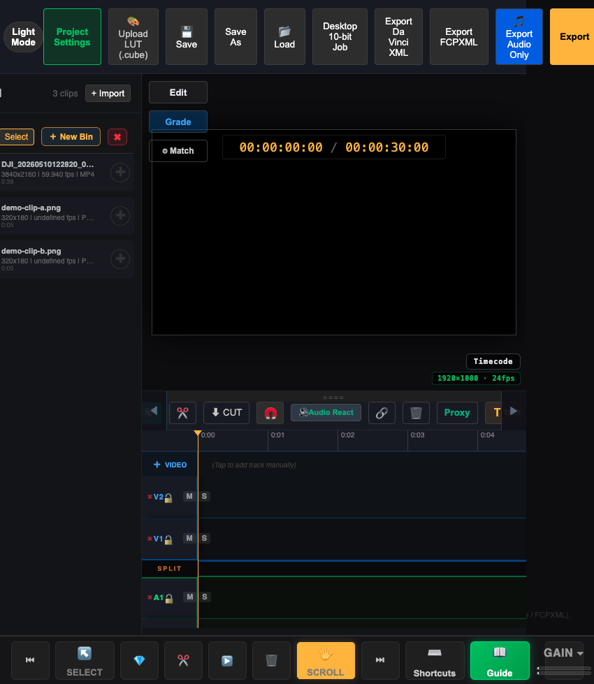 Timeline toolbar with Audio React enabled