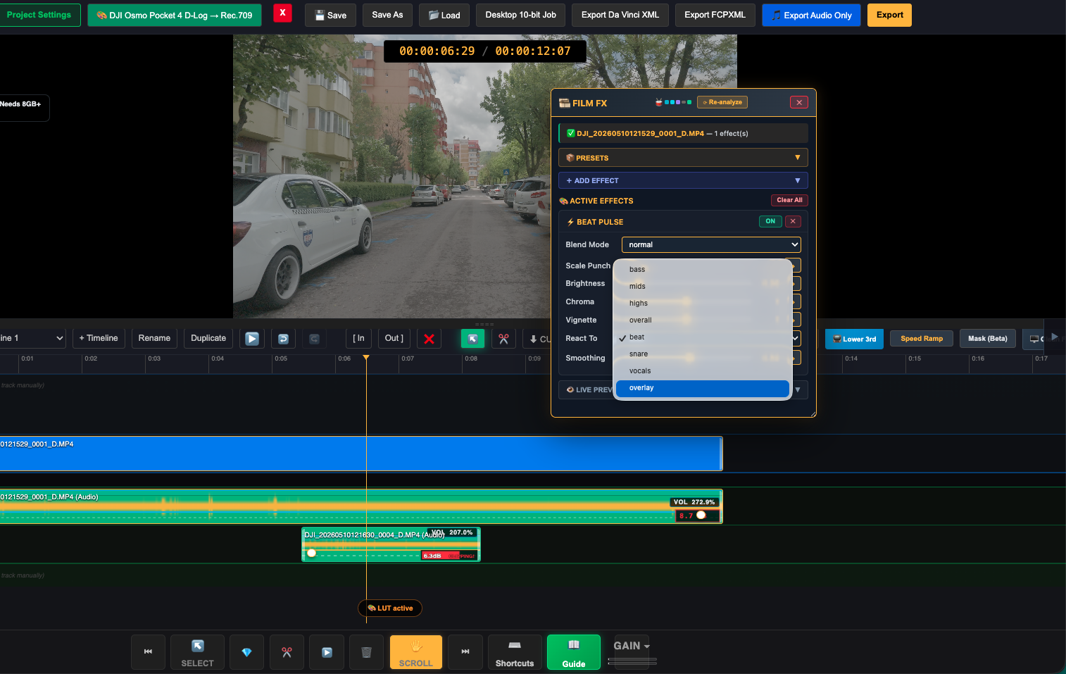 Film FX Beat Pulse with React To set to overlay, timeline showing main audio and overlay audio
