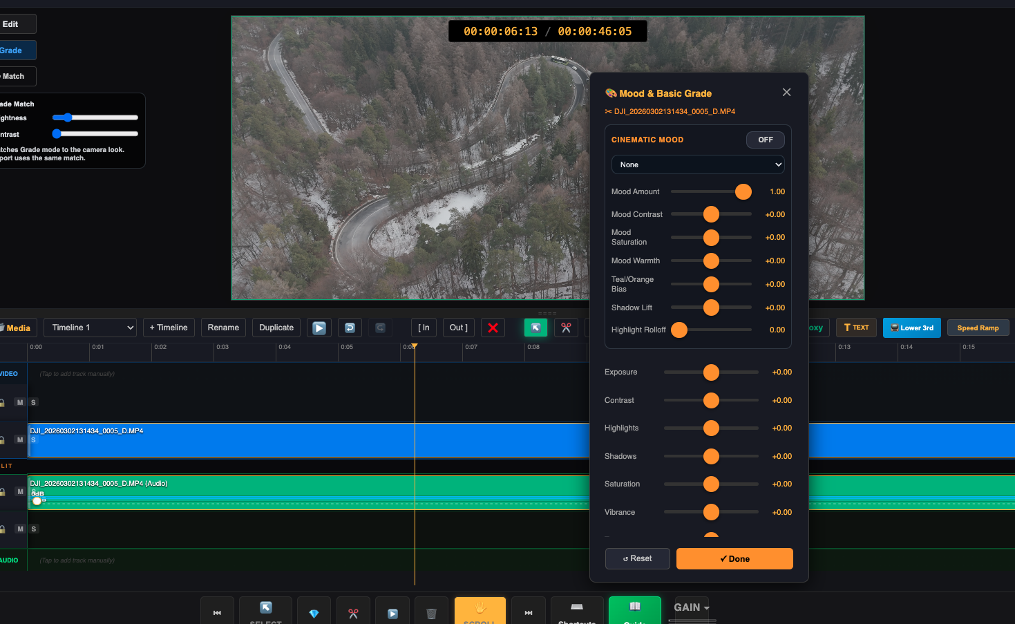 Mood and Basic Grade panel over the video preview in Grade mode