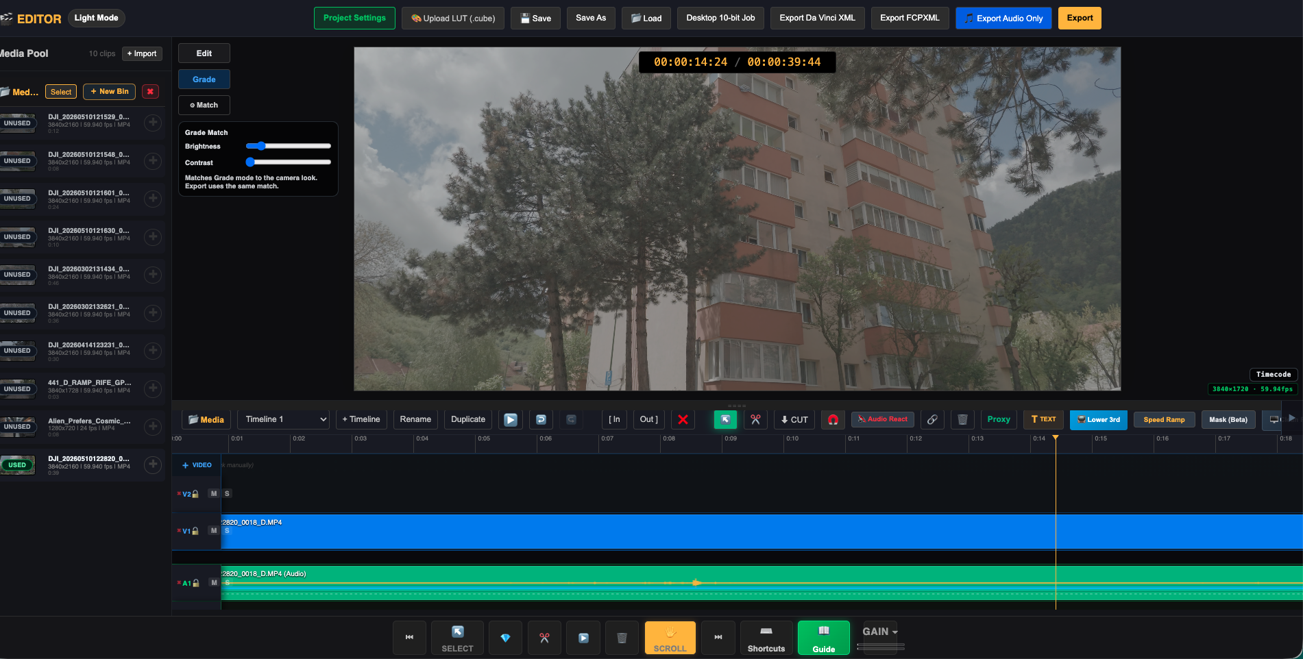Full browser EDITOR in Chrome — Grade mode, Grade Match, residence building in program monitor