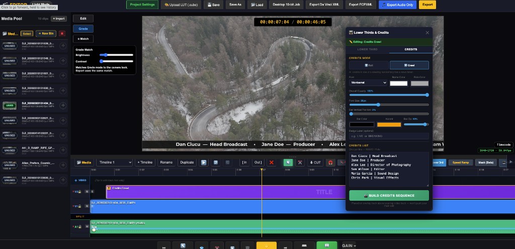 Lower Thirds and Credits panel with Credits Crawl on timeline