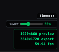 Preview quality slider at 50 percent with preview and export resolution lines