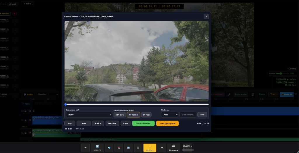 Source Viewer with preview, Mark In Out, Insert at Playhead, LUT and Find word
