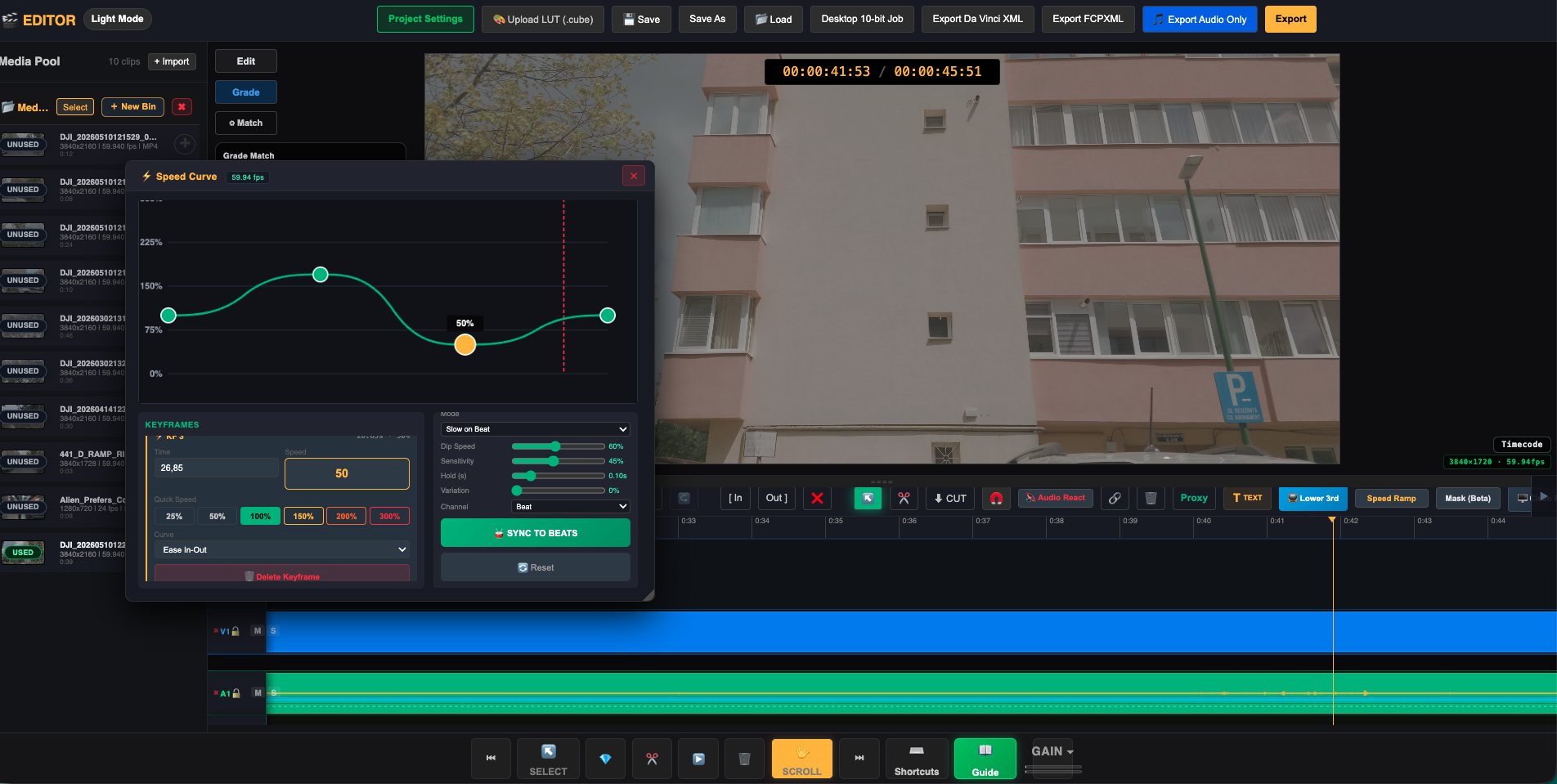 Speed Curve panel with green speed graph, keyframe controls, and Beat Sync